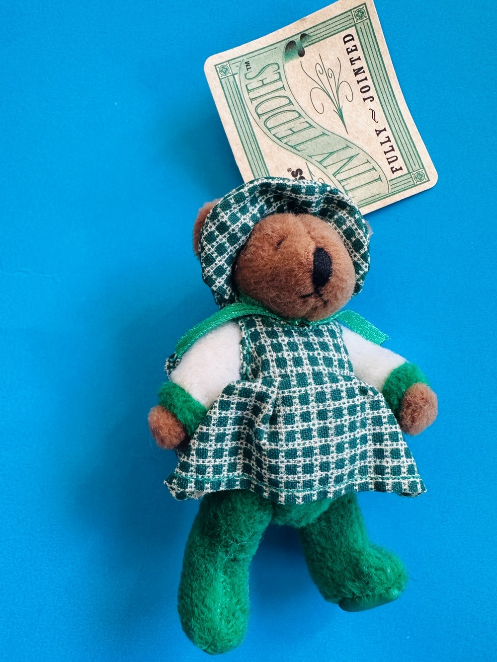 Russ Berrie Tiny Teddies Bear Plush in Green Plaid Dress Fully Jointed Orig Tag